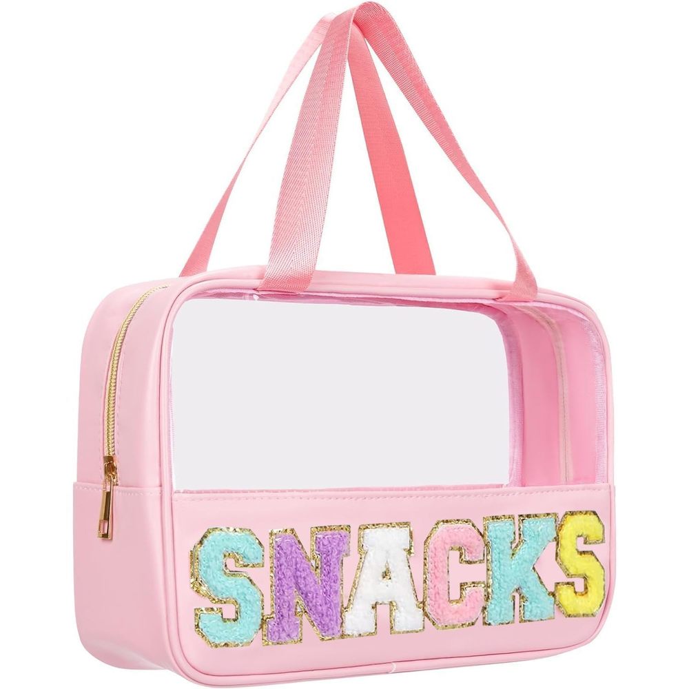 Chenille Letter Clear Snack Bags Makeup Bag, Preppy Cosmetic Bag, Nylon & Pvc😌